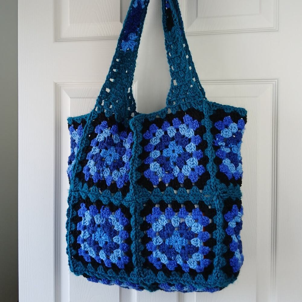 Granny Square Tote Bag Beach Bag reusable grocery sack blue teal black handmade